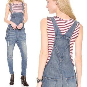FRAME Le Garcon Denim Overalls in Stone Canyon Skinny Distressed Cropped Blue